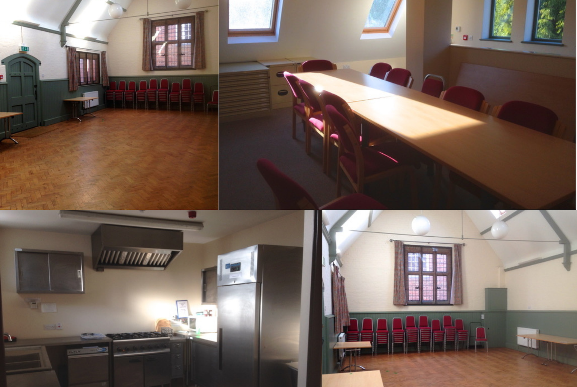 Collage of four images of the St Laurence Rooms hall, kitchen and office room